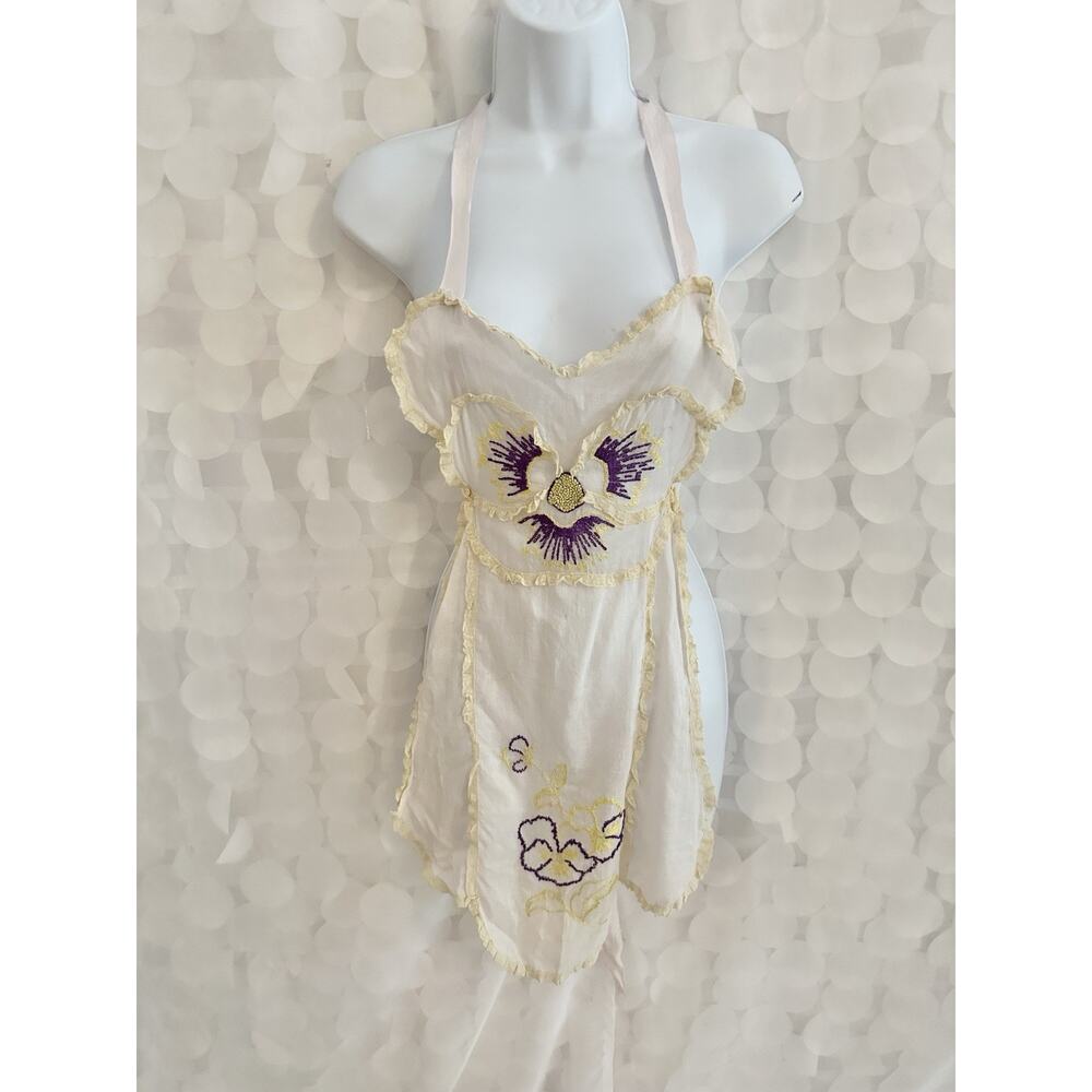 VTG 40’s Apron HALTER EMBROIDERED SHEER Hostess SEXY Floral PANSY Lace Ribbons